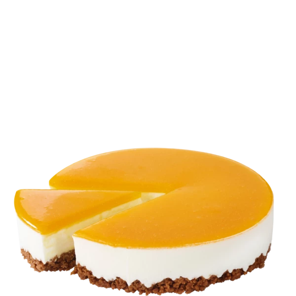 Mango and passion fruit cheesecake with a slice taken out.